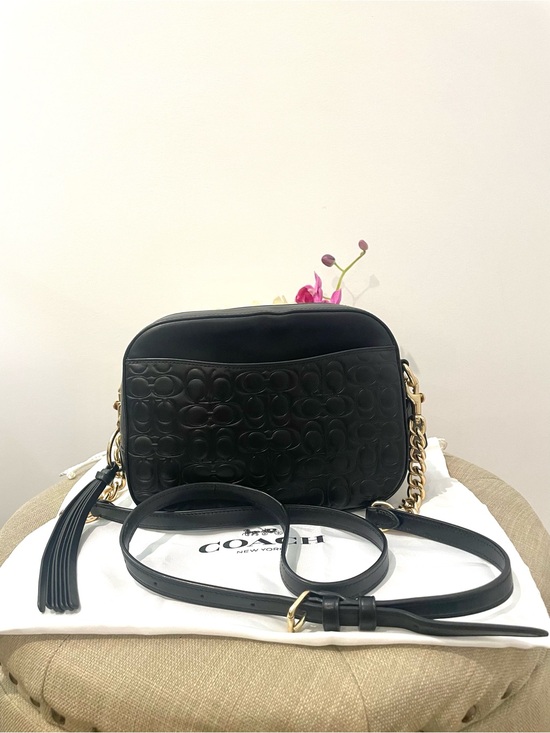 Coach Handbags - Coach Black Embossed Leather Camera Crossbody with Gold Chain